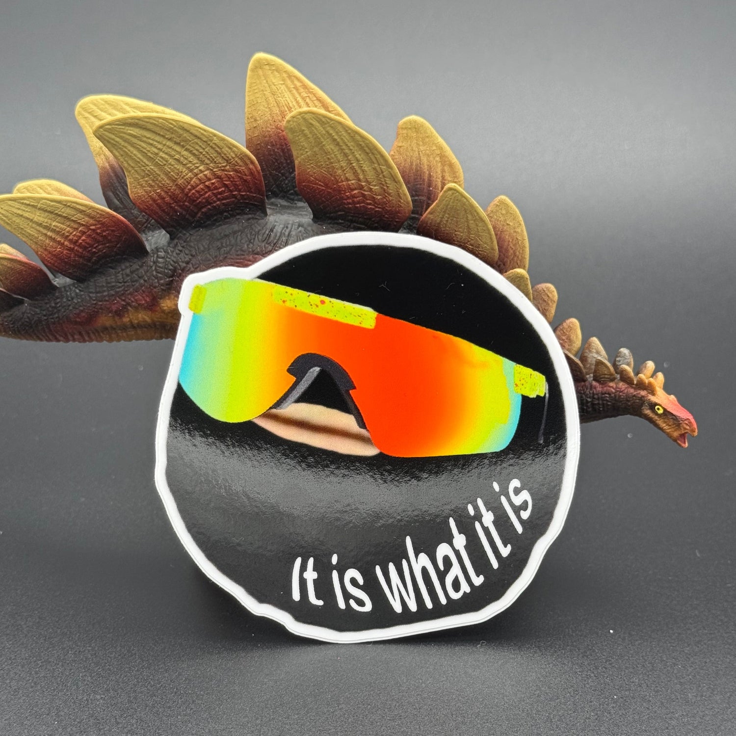 Sticker of a goofy cartoon character wearing reflective sunglasses and wearing a ski mask with the text 'It is what it is' posing with a dinosaur
