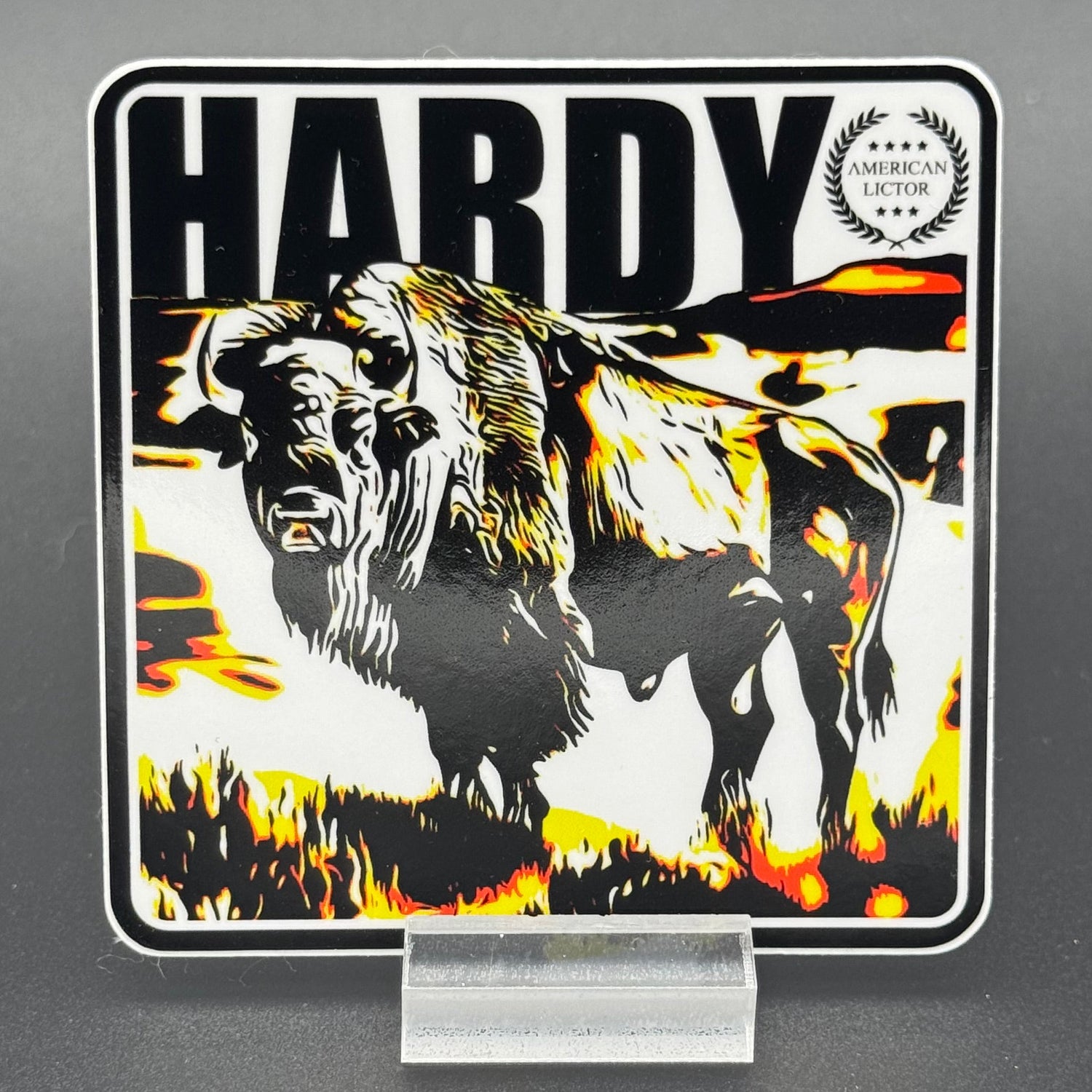 Black, yellow and white sticker of a Bison with the text 'Hardy'