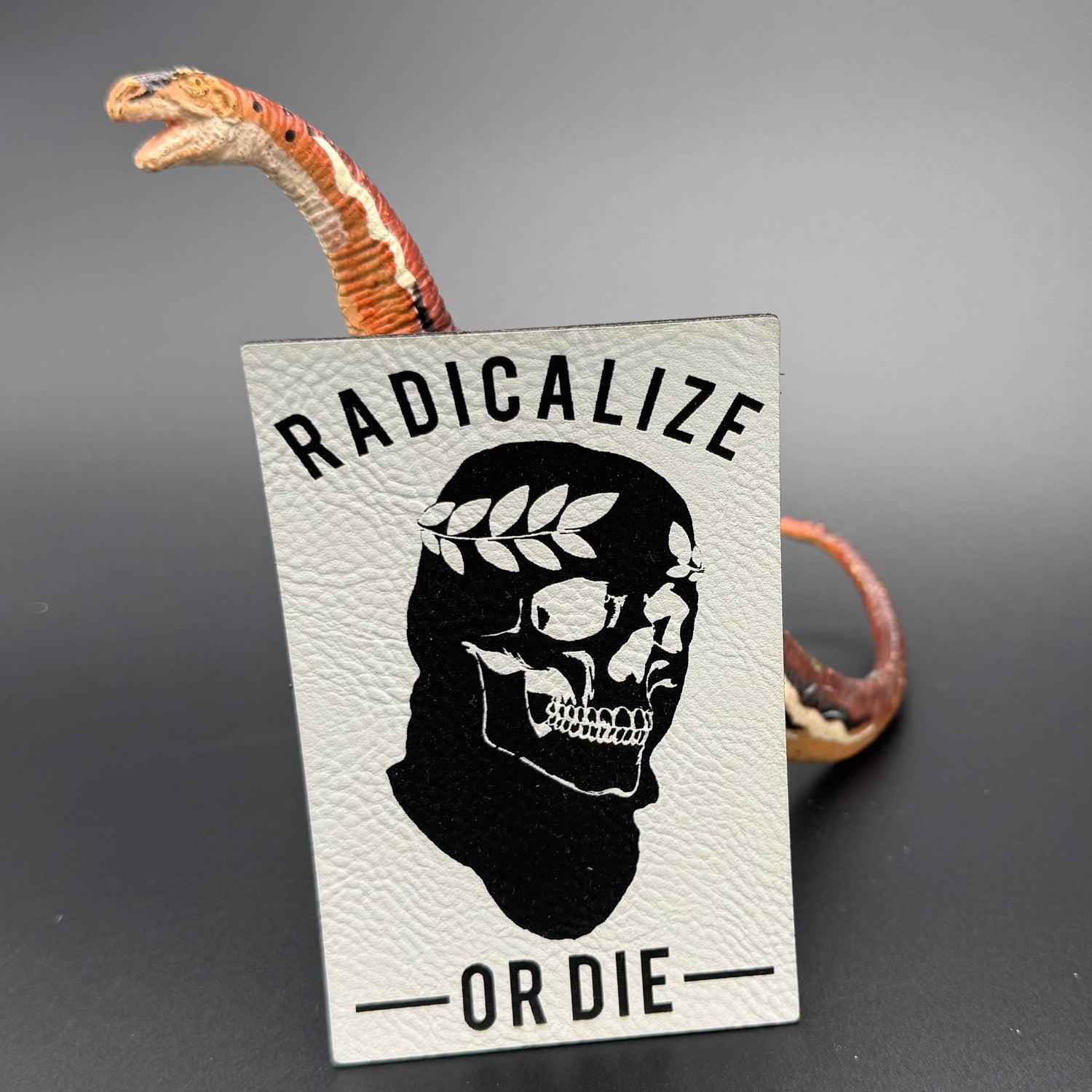 A leatherette patch of a worn ski mask on a skull with a laurel crown and the text 
