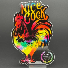 Sticker of a chromatic rooster on a black background with the text 'Nice Cock'