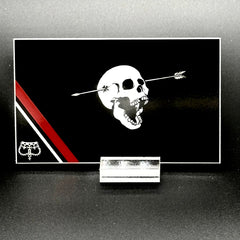 Sticker of a modern pirate flag with a skull with open mouth and arrow through the head and an upside down crown