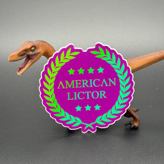 Sticker of the American Lictor Logo in Purple with green chromatic coloring posing with a dinosaur