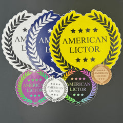 Various colors and sizes of the standard American Lictor logo stickers