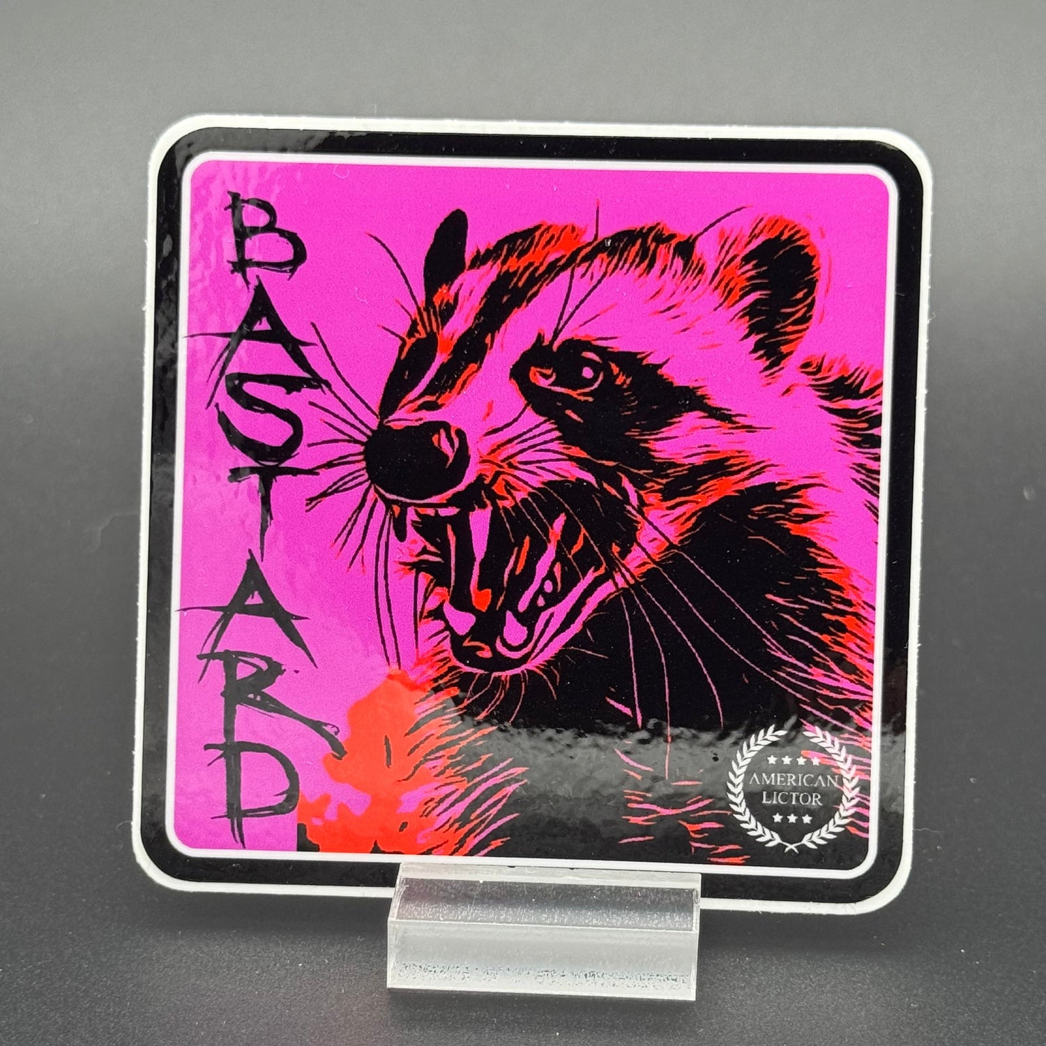 Black and Purple sticker of a badger with the text 'Bastard'