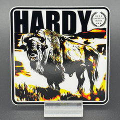 Black, yellow and white sticker of a Bison with the text 'Hardy'
