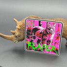 Black, green and pink sticker of a bobcat with the text 'Reaper' posed with a wooly Rhino