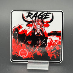 Black, red and white sticker of a bull with the text 'Rage'