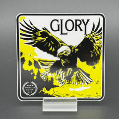Black, yellow and white sticker of an eagle with the text 'Glory'