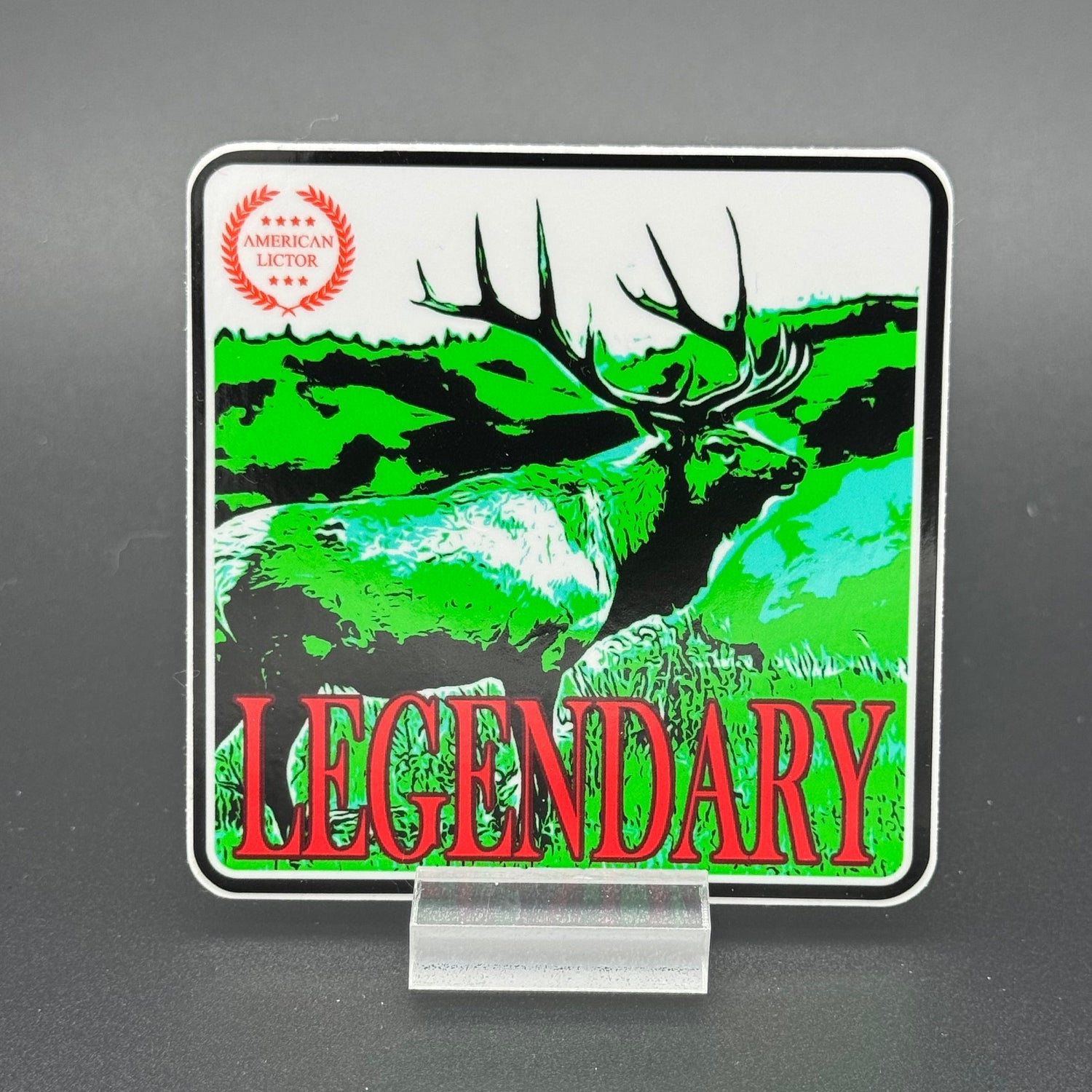 Green, red an White sticker of an elk with the text 'Legendary'