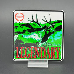 Green, red an White sticker of an elk with the text 'Legendary'