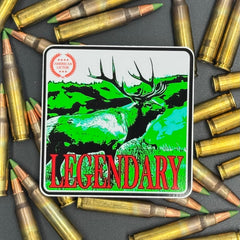 Green, red an White sticker of an elk with the text 'Legendary' on a bed of ammo