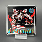 Black, red and teal Sticker of a Raccoon with the text 'Rapscallion'